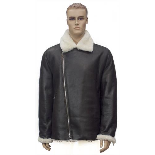 Winter Fur Genuine Black / Cream Lambskin Shearling Zip-Up Motorcycle Jacket With Wool Lining